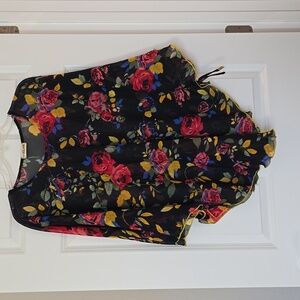 WOMEN'S BLACK FLORAL PRINT SHEER TOP W/DOLMAN 3/4 SLEEVES